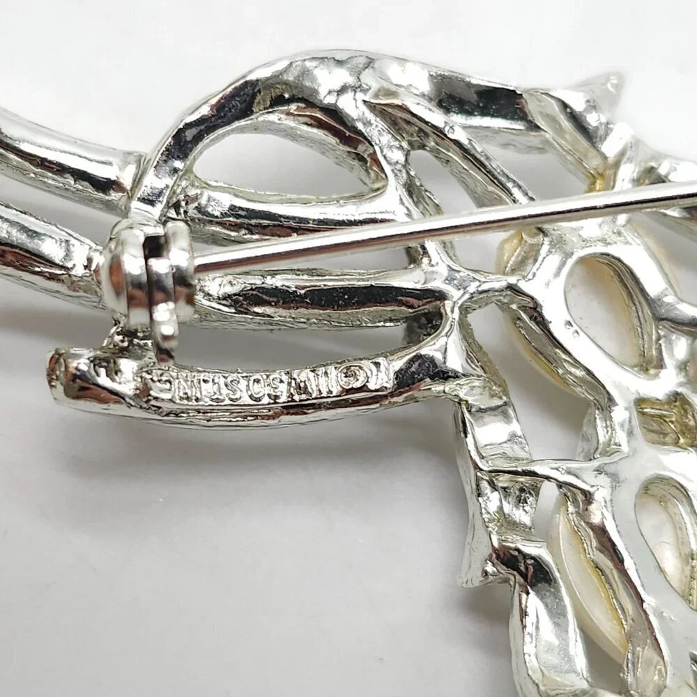 Vintage Signed Silver Tone Faux Pearl Thermoset Flower Grape Cluster Brooch Pin